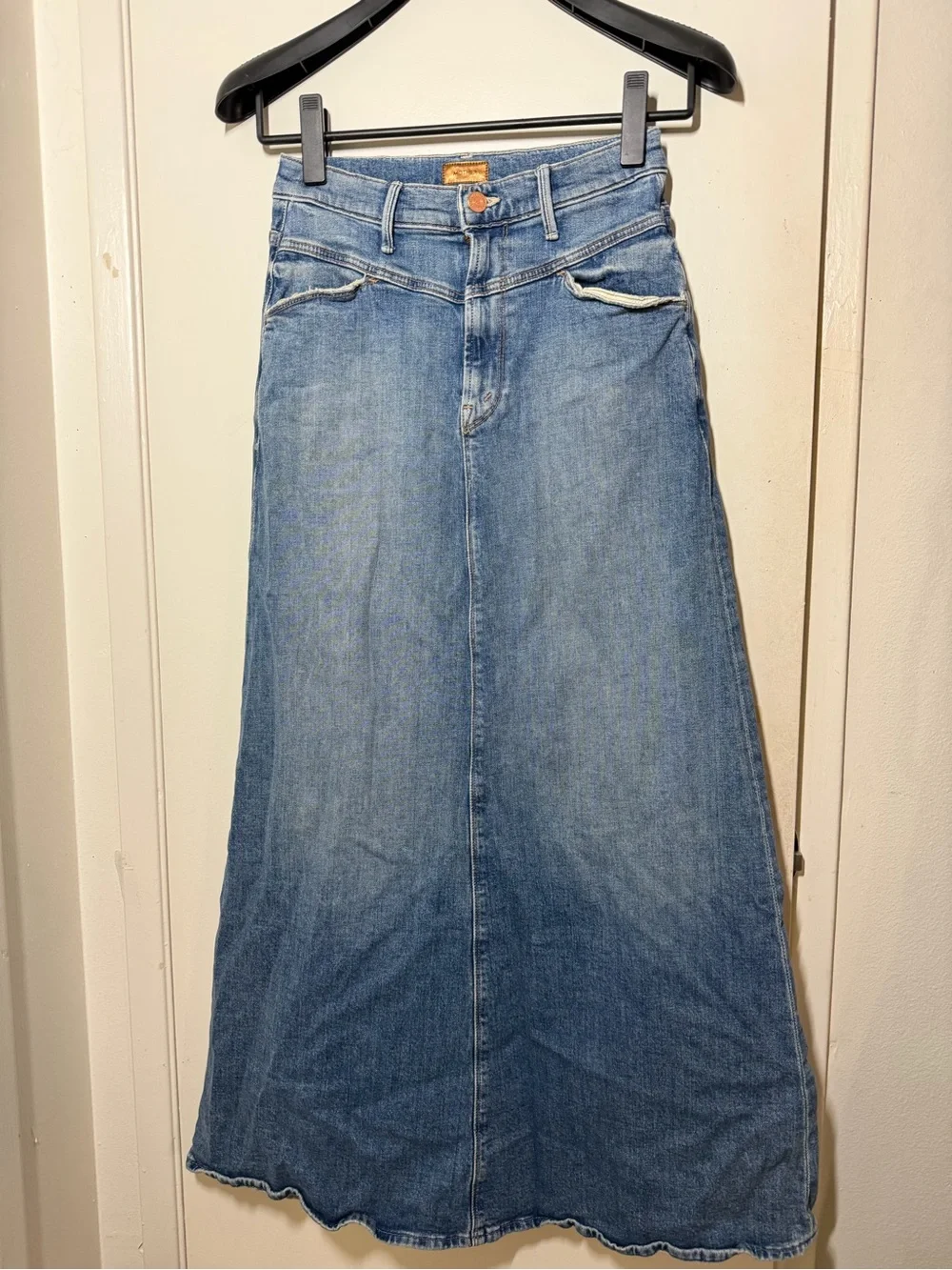 Mother Yoke Front Circle Maxi Skirt Denim Sz 25 Minimalist Closet Staple Blue